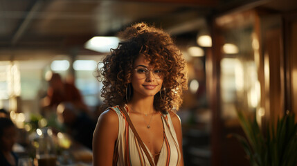 Close up shot of funny dark skinned cute female model has curly hair