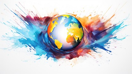  a painting of a blue and yellow globe on a white background with splashes of paint on the bottom of it.