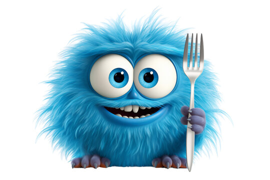 Charming Round Blue Furry Monster on transparent Background