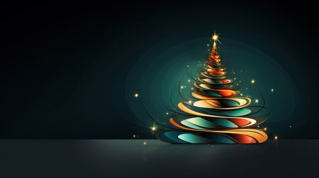  a multicolored christmas tree on a dark background with a star in the middle of the top of the tree.