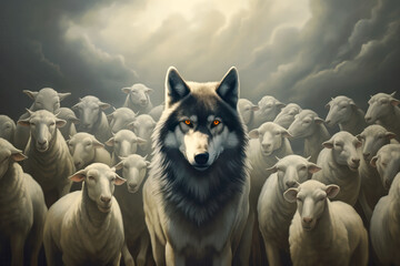 A wolf with fiery eyes stands out against a multitude of sheep, a metaphor of a wolf in sheep's clothing - obrazy, fototapety, plakaty