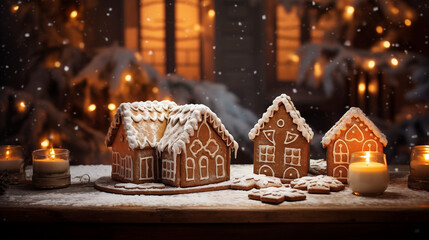 Gingerbread is lying on a wooden table, festive atmosphere, ai generative