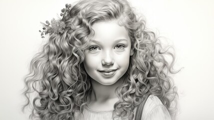 a black and white drawing of a girl with curly hair and a flower in her hair with a smile on her face.