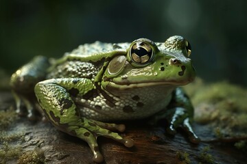Obraz premium Green toad closeup photo. Wild wet amphibian poisonous verdant frog. Generate ai