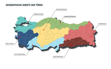 Geographische Gebiete der Türkei Landkarte - obrazy, fototapety, plakaty