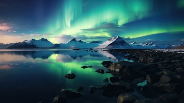  the aurora bore is reflected in the still water of a lake with rocks and snow on the shore and mountains in the background.
