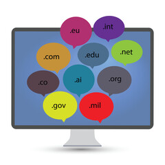 Colorful speech bubbles with different internet domains written on them 