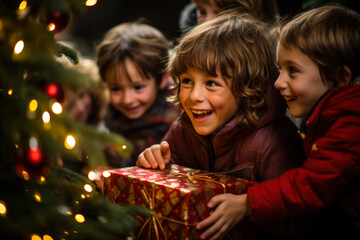 Fototapeta na wymiar children opening gifts under the Christmas tree generative ai