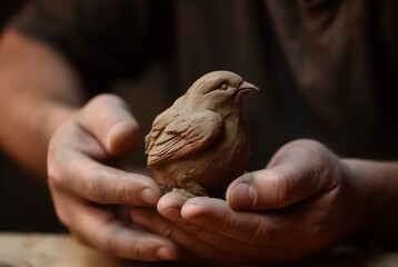 Potter master holding bird art sculpture. Animal outdoor closeup hand object. Generate Ai - obrazy, fototapety, plakaty