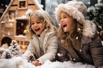 children enjoying the snow in the backyard generative ai