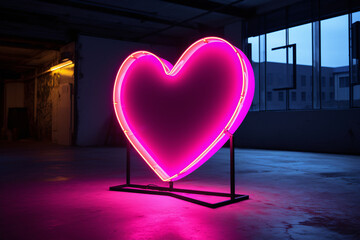 Neon pink heart symbol light in a dimly lit industrial space. A modern romantic lighting. Perfect for thematic events, banners, or backdrops. Cyberpunk ambiance. Valentine's Day concept