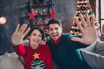 Portrait of two positive funky people sitting couch arm palm waving hi christmas time decor house...