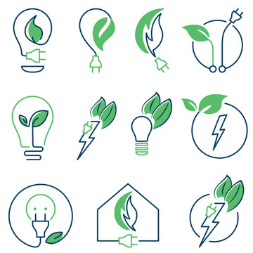 Erneuerbare Energie, grüner Strom, nachhaltige Energie - Icons, Logo, Symbol, Set, Sammlung