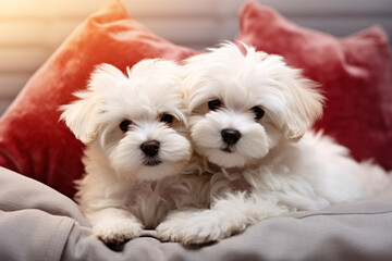 Two white Maltese puppies cuddling on a cozy couch. Valentine's Day cozy ambiance. Suitable for greeting card designs, banners, wallpapers. Soft focus, homely cushions in the background