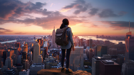 Back view, girl traveler standing on a rise above a large populated night illuminated city with a backpack. Creative concept of big possibilities of big city, tourism and traveling. - obrazy, fototapety, plakaty