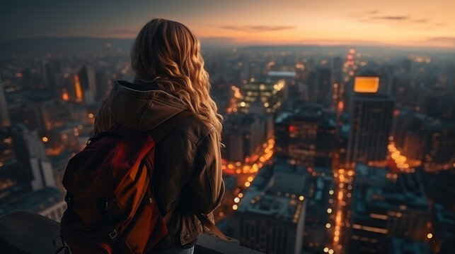Back view, girl traveler standing on a rise above a large populated night illuminated city with a backpack. Creative concept of big possibilities of big city, tourism and traveling.