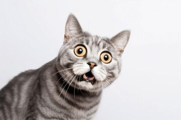 Obraz premium Funny surprised cat isolated on white background. Studio portrait of a cat with amazed face.
