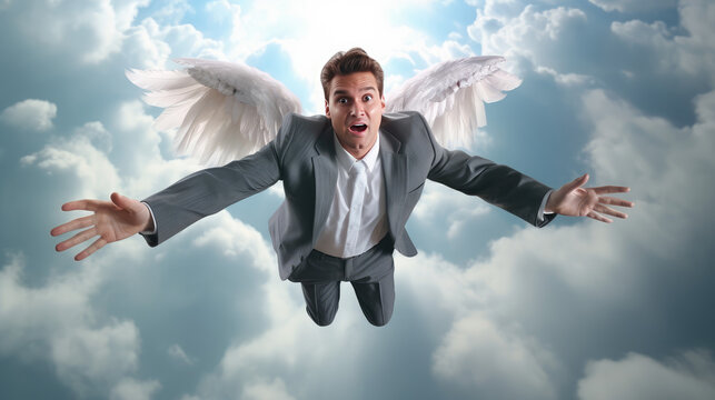 Male businessman in a business suit with angel wings is flying through the sky. Office worker achieved success, career rise concept.