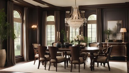 Fototapeta na wymiar An elegant, traditional dining room with dark wood furniture and classic chandeliers. Generative AI