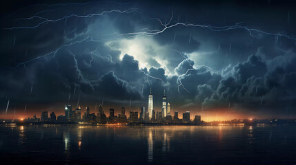 Hyper realistic skyline with a Stormy Skies with multiple lightning strikes