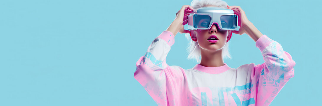 Young modern woman with virtual reality goggles on her eyes on blue background. VR reality, futuristic style, bright cute colors.