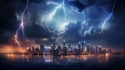 Foto auf Acrylglas Atlantikstraße Hyper realistic skyline with a Stormy Skies with multiple lightning strikes