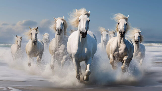 Hyper realistic White horses galloping on the beach