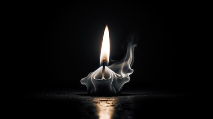  a lit matchstick with smoke coming out of it on a black surface with a reflection of the matchstick in the water.
