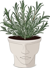 Illustrated graphics of a Rosemary plant growing in a grey head-shaped pot
