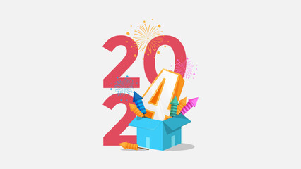 Happy New Year 2024 vector illustration with gift box and 3d typography