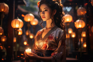 an oriental woman holds lit candle in the illuminated lanterns street