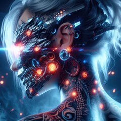 Fototapeta premium Fantastic portrait of a girl in cyberpunk style with cybernetic implants and dragon tattoos generated by artificial intelligence