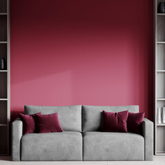 Luxury living room in trend bright color. Viva magenta walls, gray lounge furniture, maroon pillows. Empty space for art or picture. Rich interior design. Mockup lounge or reception hall. 3d render 