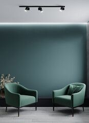 Luxury living room in dark deep color. Teal turquoise walls and lounge furniture - green emerald cyan chairs. Empty space for art or picture. Rich interior design. Mockup of a room or hall. 3d render
