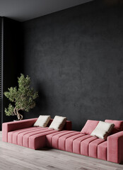 Premium livingroom in dark colors. Black microcement walls, maroon pink lounge furniture sofa. Empty background for art or picture. Rich interior design. Mockup room or office reception. 3d render 