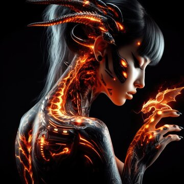 Fantastic portrait of a girl in cyberpunk style with cybernetic implants and dragon tattoos generated by artificial intelligence