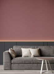 Luxury livingroom in deep color. Mauve deep dusty pink walls, gray lounge furniture. Empty space for art or picture. Rich interior design. Mockup lounge or reception. 3d render 