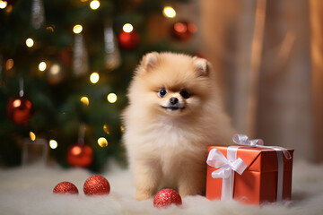 Fototapeta na wymiar Pomeranian with christmas gift