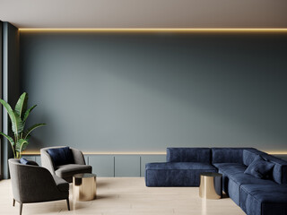 Livingroom or buisness lounge in deep dark colors. Mix trend of blue teal and gray. Empty wall mockup - paint background and rich set furniture. Luxury interior design reception hall room. 3d render 