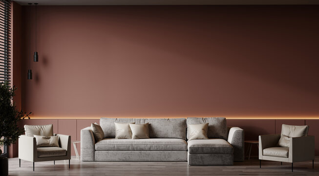 Livingroom in brown and beige colors. Blank empty deep room interior. Design in minimalist luxury style lounge reception. Terracotta camel accent painted wall. Modern interior design. 3d render 