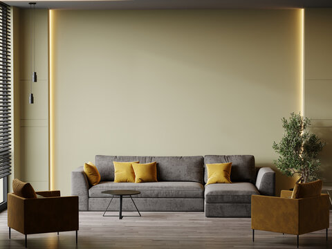 Livingroom trend yellow mustard colors. Blank empty room interior. Design in minimalist luxury style lounge reception. Olive green accent painted wall. Modern interior design. 3d render 