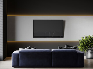 Livingroom in dark deep colors. Blank cocept idea room interior. Design in minimalist luxury style lounge office reception. TV wall and accent blue navy sofa. Modern interior design. 3d render 