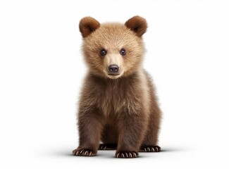 Fototapeta premium A photo-realistic image of a baby bear standing on all fours against a white background.