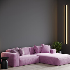 Livingroom or buisness lounge in deep dark colors. Combination of pink mauve and dark gray. Empty wall mockup paint background and rich furniture sofa. Luxury interior design reception room. 3d render