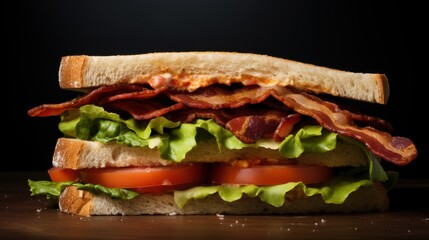  a bacon, lettuce, tomato, and cheese sandwich on toasted bread with bacon and lettuce.