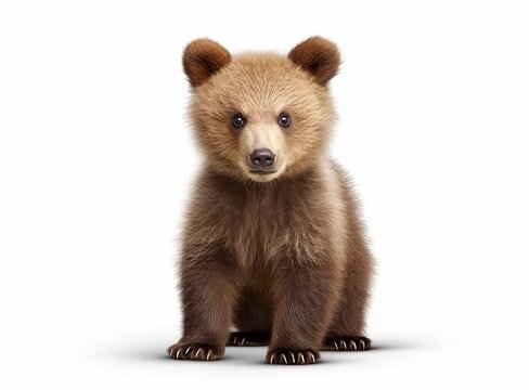 A photo-realistic image of a baby bear standing on all fours against a white background.