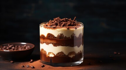  a close up of a dessert in a glass on a table with a bowl of chocolate chips next to it.