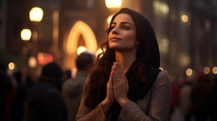 Woman in headscarf prays to God on the street a sacred holiday
