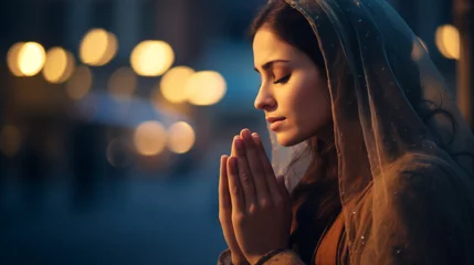 Foto op Plexiglas Woman in headscarf prays to God on the street a sacred holiday © Mars0hod