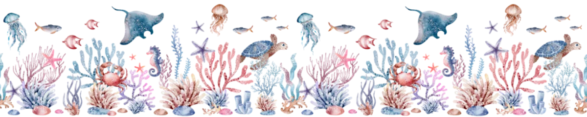 Foto op Canvas Sea animals seamless border. Hand drawn watercolor illustration of underwater world ornament on isolated background. Sea corals and shells for banner. © Elena